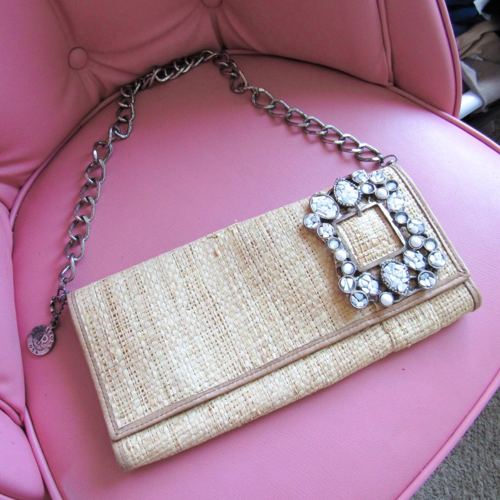 LEATHEROCK Chicest Chain Strap Woven Raffia Satchel Bag ~ Orig retail $245~ - Picture 2 of 13